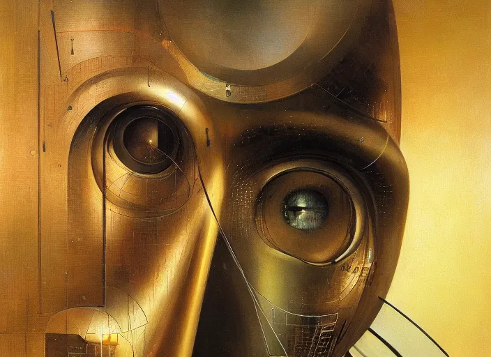 Prompt: a portrait headshot of sci fi metallic human, bright eyes, melancholic complex geometric figure liminal machinery by oskar schlemmer, moebius, john berkey, cinema grain, oil on canvas, portrait facial head, featured on artstation, hd wallpaper