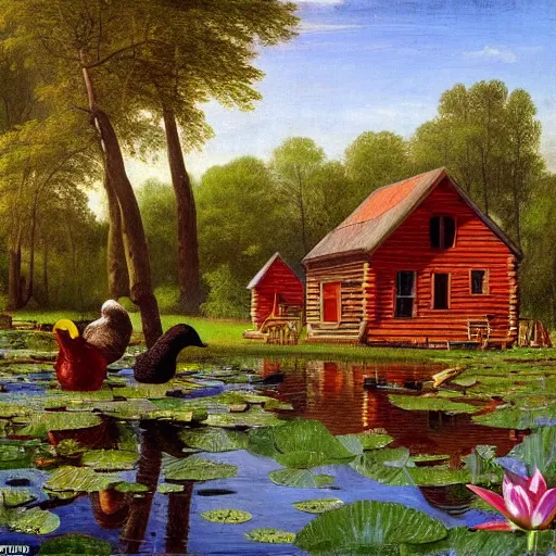 Image similar to two small log cabins on the edge of an idyllic lake that has many lily pads and brightly colored ducks on its surface, behind the cabins there is a small farm plot and a large deciduous forest, people can be seen tending to the area around the cabins, renaissance painting, high quality