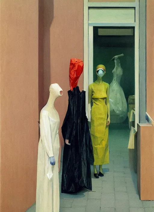 Image similar to woman in dress made from plastic bag with paper bags for clothes standing inside paper bags with paper bag over the head at store display Edward Hopper and James Gilleard, Zdzislaw Beksinski, highly detailed