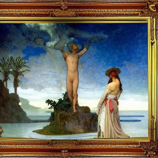 Image similar to The palace on the clouds, moon reflecting on the water, thunderstorm, greek pool, beach and Tropical vegetation on the background major arcana sky, by paul delaroche, alphonse mucha and arnold böcklin, hyperrealistic 8k, award-winning, very very very detailed