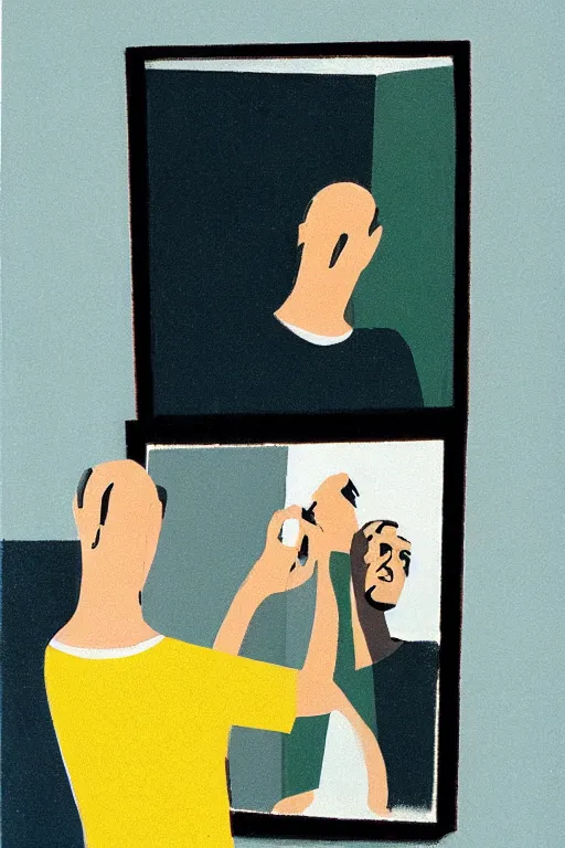 Image similar to man looking at his reflection in the mirror, 1960’s minimalist advertising illustration, painterly, expressive brush strokes