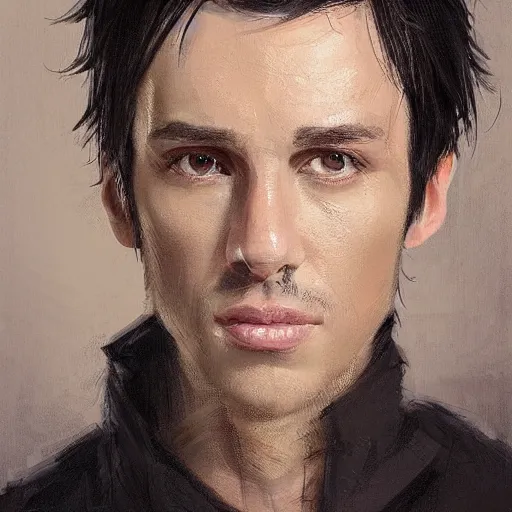 Image similar to portrait of a man by greg rutkowski, he is about 3 0 years old, short black hair with bangs, his features are a mix between french, turkish and russian, very tall and slender, he is wearing a beige and black utility jumpsuit, highly detailed portrait, digital painting, artstation, concept art, smooth, sharp foccus ilustration, artstation hq