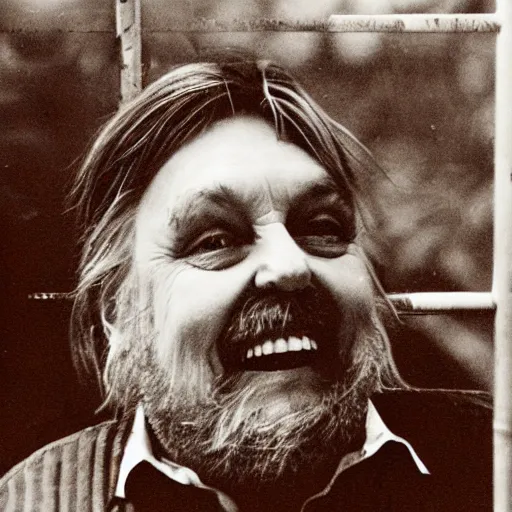 Image similar to laughing robert wyatt sitting in his wheelchair behind bars at a prison, photograph, 4 k