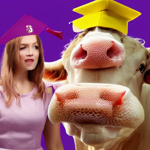 Prompt: a well dressed milkshake wearing a dress next to a brilliant shrimp wearing an academic cap inside the mouth of a cow, hyper realistic, sharp focus, hyper - detailed, 8 k resolution