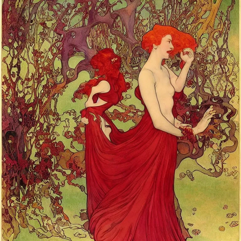 Prompt: Woman with red hair in a red dress standing in a pink room Anton Pieck,Jean Delville, Amano,Yves Tanguy, Alphonse Mucha, Ernst Haeckel, Edward Robert Hughes,Stanisław Szukalski and Roger Dean