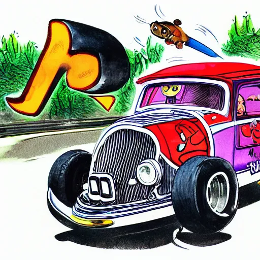 Image similar to racoon riding in a tiny hot rod coupe with oversized engine, ratfink style by ed roth, centered award winning watercolor pen illustration, by chihiro iwasaki, edited by range murata