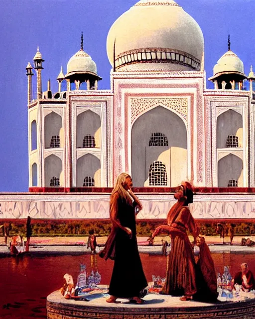 Prompt: tuesday weld visits the taj mahal by mort kunstler