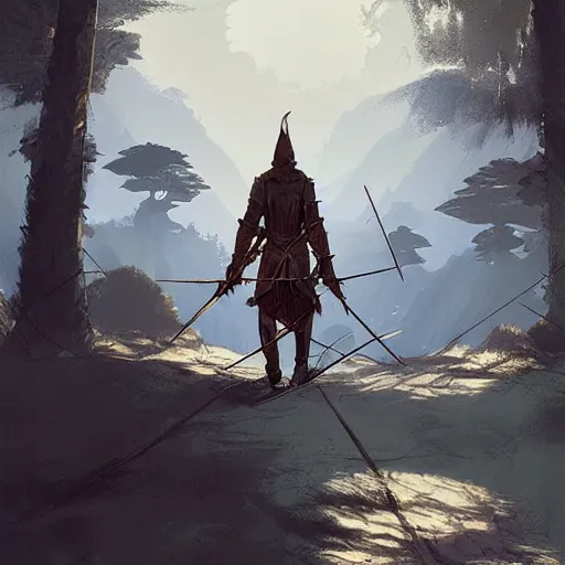 Image similar to an adventurer with a crossbow walking in morrowind province, melancholic and vivid atmosphere, artstation, moebius, sparth style, great level of detail