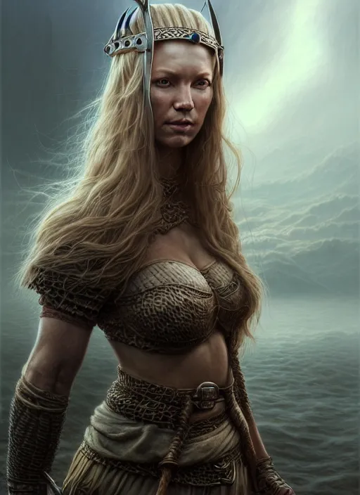 Image similar to closeup portrait shot of a female viking in a scenic dystopian environment, intricate, elegant, highly detailed, centered, digital painting, artstation, concept art, smooth, sharp focus, illustration, artgerm, tomasz alen kopera, peter mohrbacher, donato giancola, joseph christian leyendecker, wlop, boris vallejo