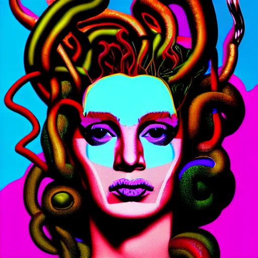 Image similar to an extremely psychedelic portrait of medusa as andy warhol, surreal, lsd, face, detailed, intricate, elegant, lithe, highly detailed, digital painting, artstation, concept art, smooth, sharp focus, illustration