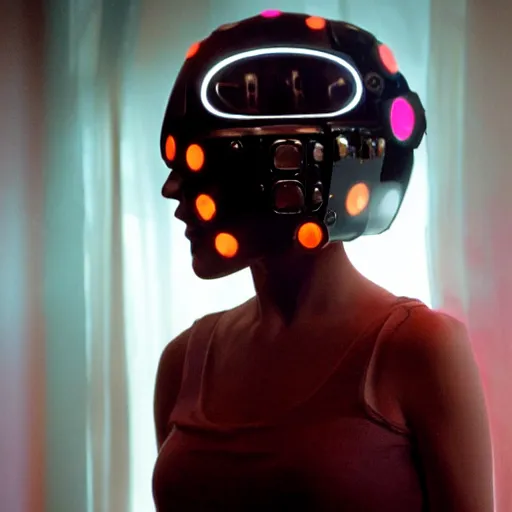 Prompt: movie still of a girl with a cyborg flowers helmet, cinematic composition, cinematic light, by edgar wright and david lynch