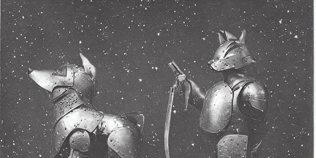 Prompt: anthropomorphic furry wolf in armor looking at the stars, 1900s picture