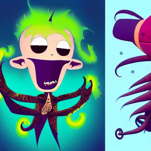 Image similar to psychic punk rocker electrifying rockstar squid guy with a vampire squid for a head concept character designs of various shapes and sizes by genndy tartakovsky and splatoon by nintendo and the psychonauts franchise by doublefine tim shafer artists as well as the artist for the new hotel transylvania film