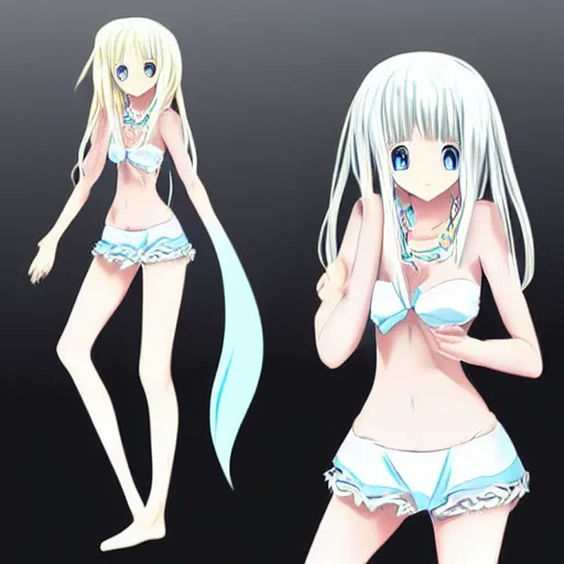 Prompt: a very beautiful young anime girl, full body, long wavy blond hair, sky blue eyes, full round face, bikini, miniskirt, front view, mid - shot, highly detailed, black and white manga drawing