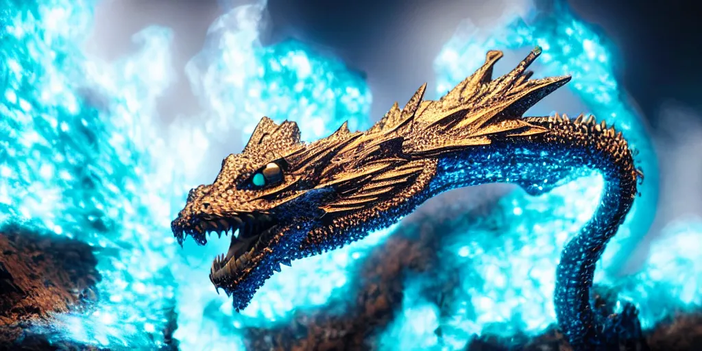 Image similar to a close-up photo of a diamond-scaled dragon breathing bluish fire, award-winning photography, dramatic lights, 8K UHD