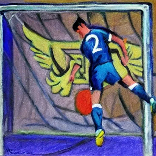 Image similar to goal keeper flying to catch a soccer ball with wings, rennasainse painting