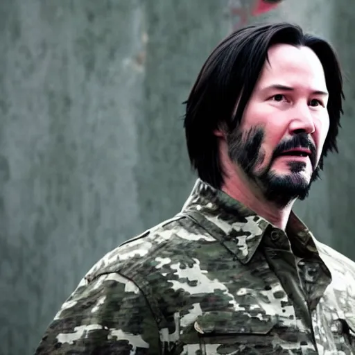 Image similar to keanu reeves wearing military outfit and camouflage cinematic photoshoot high quality highly affordable photo realistic 8 k hd