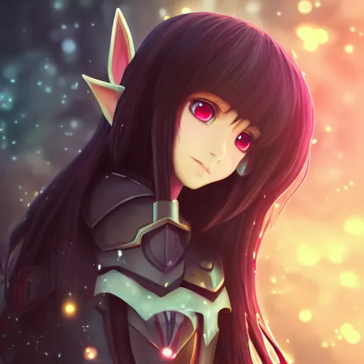 Image similar to adorable young cute anime elf girl, long black hair, detailed fantasy armor, symmetrical face. beautiful spark eyes. beautiful lineart. bokeh pixiv # 1 ranking depth focus, chromatic aberration, noise, soft lighting, srgb, 4 k, cinematic