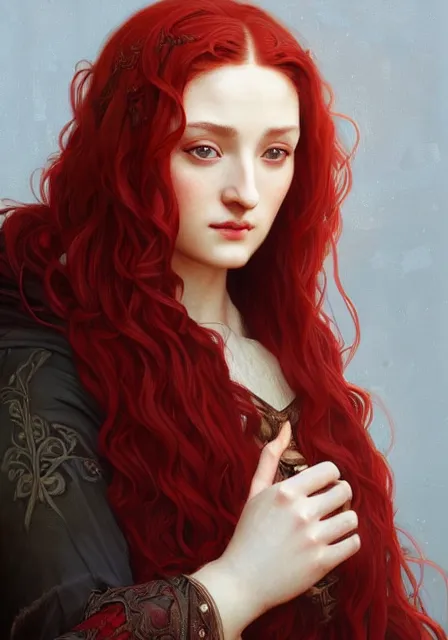 Image similar to portrait of red sansa stark, intricate, elegant, highly detailed, digital painting, artstation, concept art, smooth, sharp focus, illustration, art by artgerm and greg rutkowski and alphonse mucha and william - adolphe bouguereau