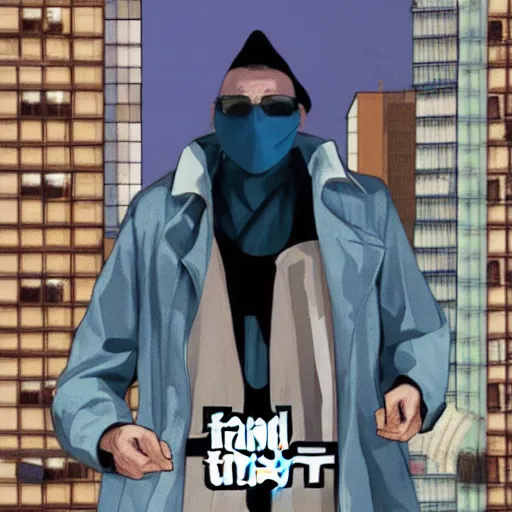 Image similar to man in a blue trench coat and a fedora, gta cover art