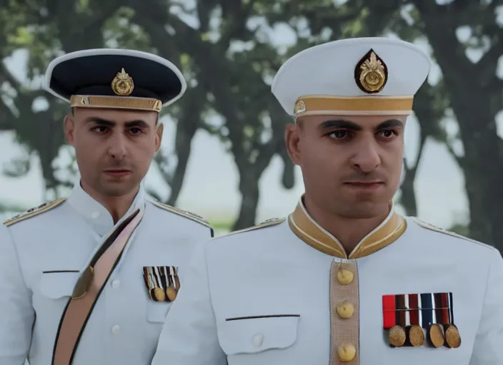 Prompt: proud man wearing a white tunic uniform, tab collars, no medals, no epaulette, his arms are behind his back, ultra realistic, 4 k, movie still, uhd, sharp, detailed, cinematic, render, modern