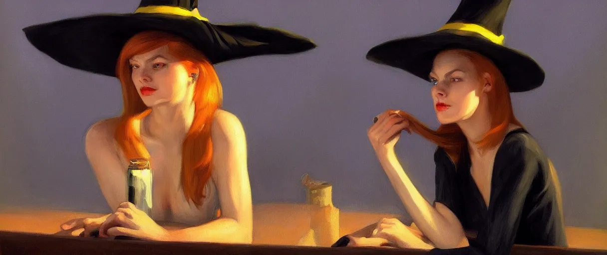 Image similar to a realistic excited witch portrait, by edward hopper, new artstation artist,