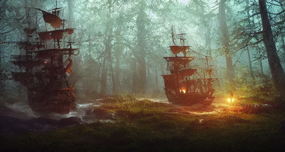 Image similar to a pirate ship in the middle of a forest, atmospheric lighting, realistic