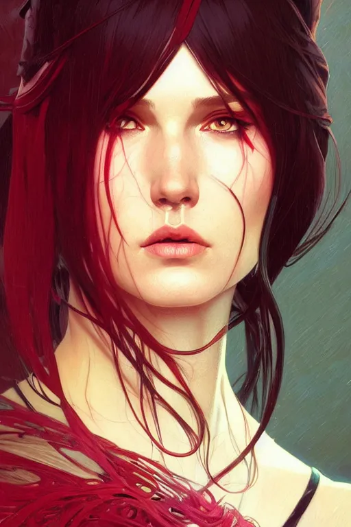 Prompt: a portrait of elektra, fantasy, sharp focus, intricate, elegant, digital painting, artstation, matte, highly detailed, concept art, illustration, ambient lighting, art by ilya kuvshinov, artgerm, alphonse mucha, and greg rutkowski