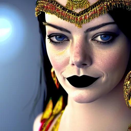 Image similar to a close up portrait of emma stone, she is dressed as a belly dancer,, arabian night, in focus sharp face with fine details, wearing black gloves, volumetric lightening, octane render, high quality, fully detailed, 4 k, alphonse mucha, masterpiece, stunning