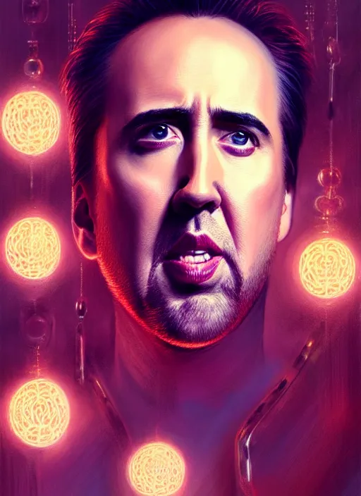 Prompt: portrait of nicholas cage losing his mind, intricate, elegant, glowing lights, highly detailed, digital painting, artstation, glamor pose, concept art, smooth, sharp focus, illustration, art by artgerm and greg rutkowski, artey freytag