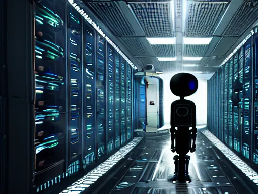 Image similar to symmetrical anthropomorphic android working in sci - fi data center room. cinematic shot from alien isolation