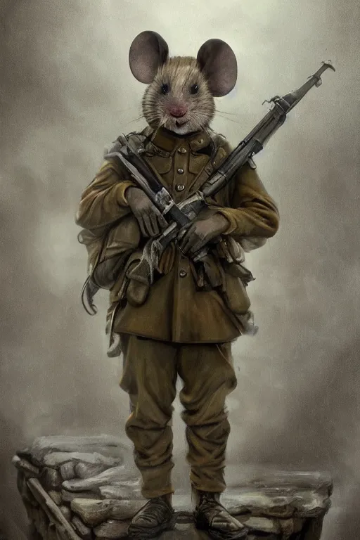 Image similar to detailed realistic High Resolution HD 8k, painting in the style of liminal dark fantasy grimdark WW1 propaganda, anthropomorphic mouse soldier resting in a trench, mouse head, anthropomorphic, high detail, high texture detail, Trending on artstation, artstationHD, artstationHQ, 4k, 8k