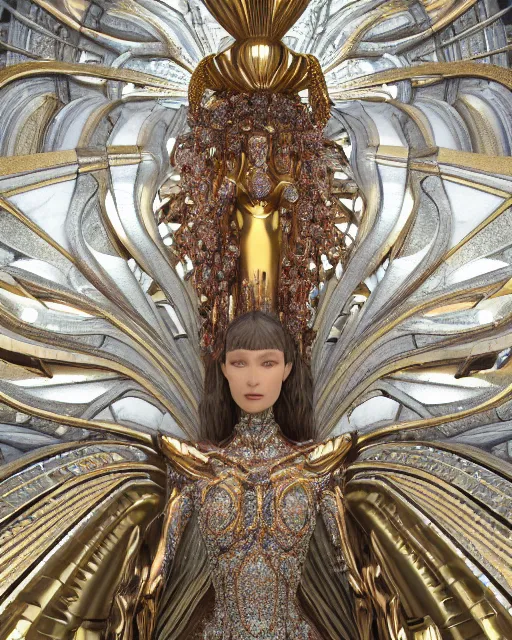 Prompt: a highly detailed metahuman 4 k close up render of a seraphim bella hadid monument renaissance in iris van herpen dress schiaparelli in diamonds crystals swarovski and jewelry iridescent in style of alphonse mucha gustav klimt trending on artstation made in unreal engine 4