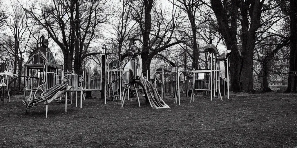 Prompt: a haunted playground from the 1930s full of ghosts at night, swings, horror movie aesthetic, evil, cinematic