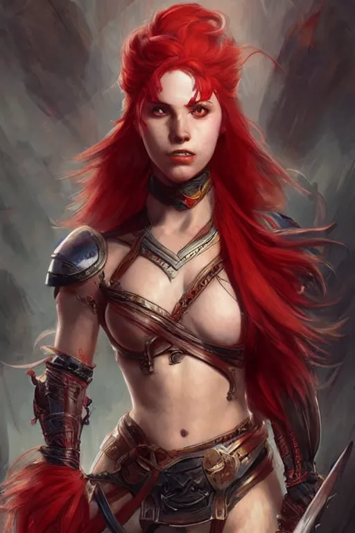 Prompt: beautiful warrior woman with red hair and two swords, fantasy, portrait, highly detailed, digital painting, trending on artstation, concept art, sharp focus, illustration, art by artgerm and greg rutkowski and magali villeneuve