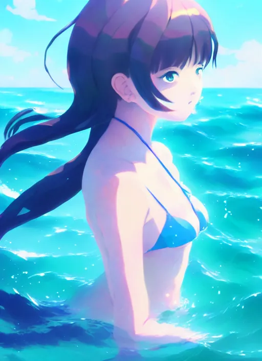 Image similar to portrait of a cute girl swimming in the ocean, illustration concept art anime key visual, very trippy and abstract, trending pixiv fanbox by wlop and greg rutkowski and makoto shinkai and studio ghibli and kyoto animation