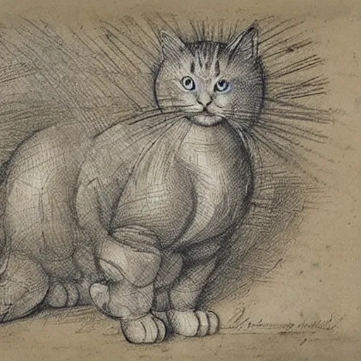 Prompt: da vinci ’ s sketchbook, showing the detailed design of cats,