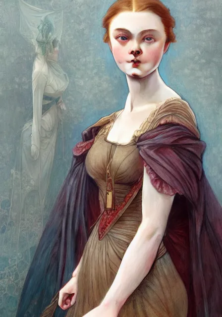 Image similar to sansa elle fanning, intricate, elegant, highly detailed, digital painting, artstation, concept art, smooth, sharp focus, illustration, art by artgerm and greg rutkowski and alphonse mucha and william - adolphe bouguereau