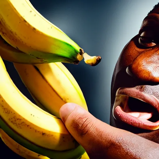 Image similar to angry gucci mane eating bananas in the hood, 8k resolution, full HD, cinematic lighting, award winning, anatomically correct