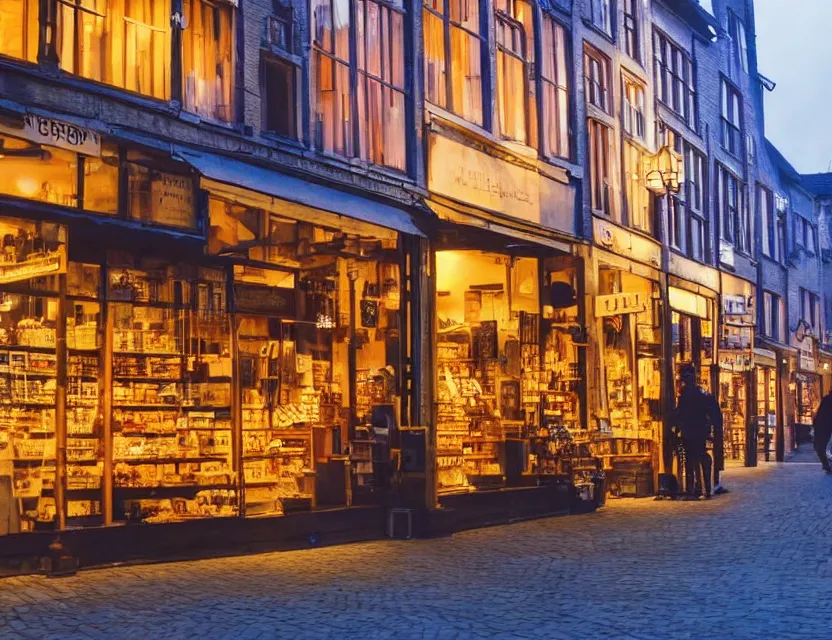 Image similar to close view of a shop in gent belgium at night, peaceful and serene, incredible perspective, soft lighting, anime scenery by makoto shinkai and studio ghibli, very detailed