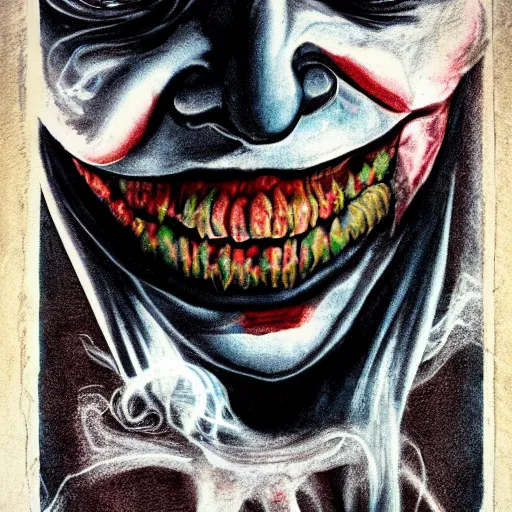 Image similar to joker, smiling, unnatural grin, horror, creepy, smoke, black, dark, glow