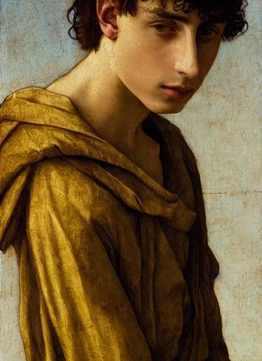 Image similar to (((( a painting of a Timothee Chalamet looking at a flower, a character portrait by Dürer, behance, pre-raphaelitism, da vinci, pre-raphaelite, detailed painting“