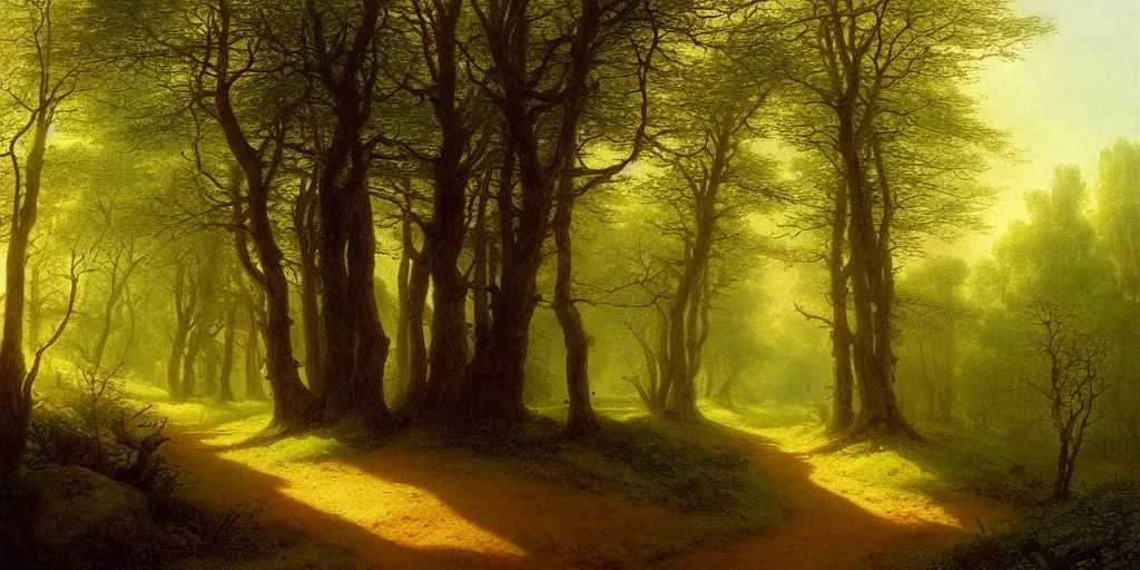 Image similar to a 1 9 th century german romantic landscapes painting of the quiet forest path by john howe and caspar david friedrich ， oil painting style, light and shadow color, super wide angle, mysterious, quiet atmosphere ， trending on artstation h 5 7 6