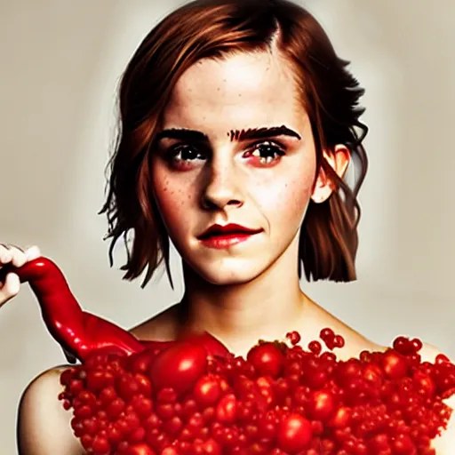 Image similar to emma watson dressed in a tomato, hyperrealistic, photography, 8 k