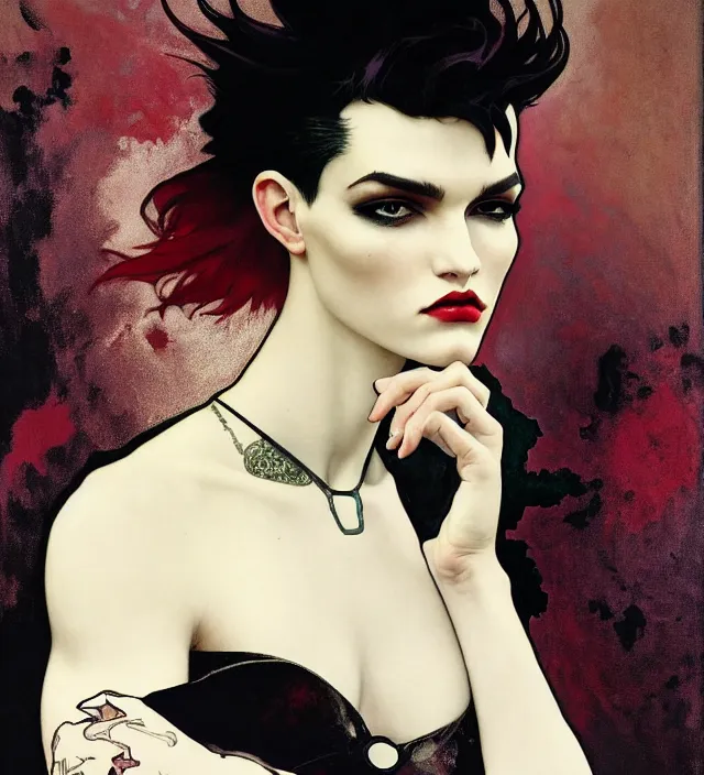 Prompt: stunning portrait of highly details androgynous ruby rose as desire from sandman, rockabilly style, by ego shield, by alphonse mucha, by jeremy mann, by peter lindbergh, dave mckean, by maurice sapiro, by frank moth, white suit and black tie, soft lightning, high detailed, 8 k