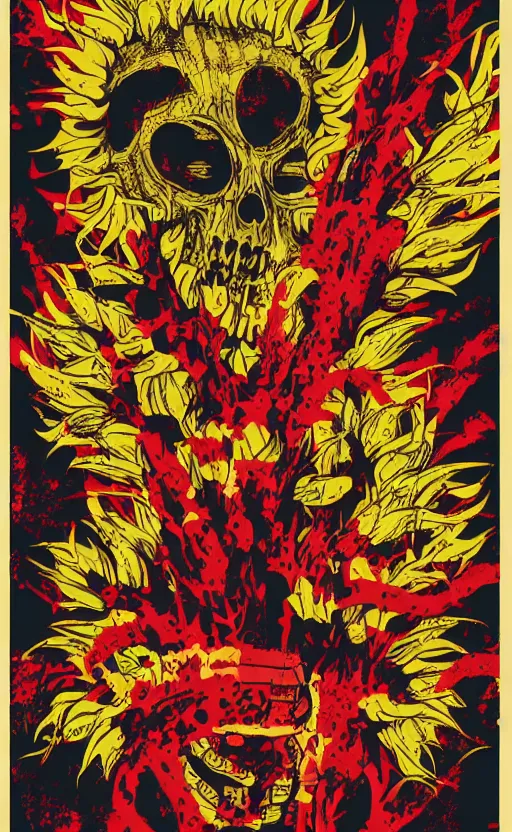 Image similar to 8 k cursed with necronomicon horrorcore cel animation poster depicting sunflowers spattered with blood, intricate, metropolis, 1 9 5 0 s movie poster, post - processing, vector art