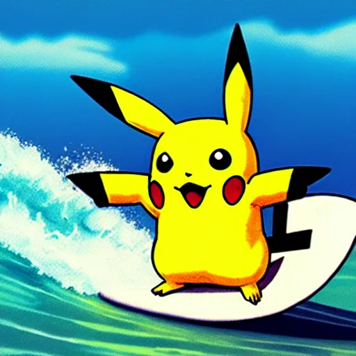 Image similar to pikachu surfing on a wave made of green slime, pokemon tcg image, trending on artstation