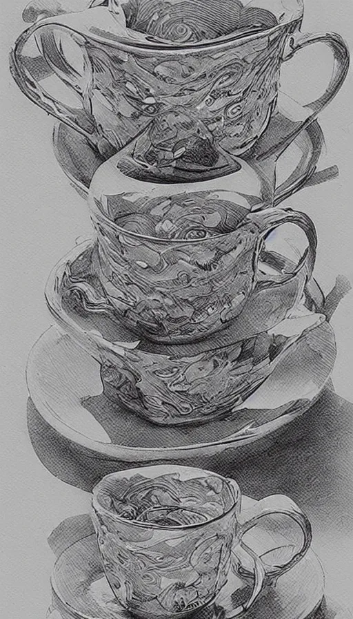 Image similar to 2 cups drawn with fountain pen , beautiful composition , extremely detailed