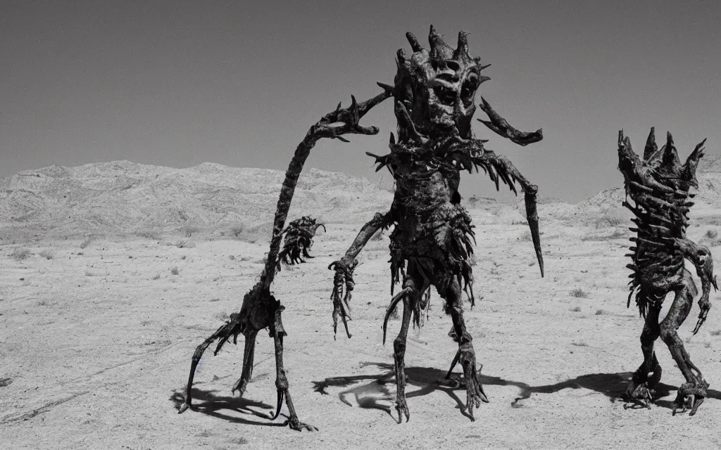 Image similar to in the desert a bloody gross horrifying The Thing creature made of muscle and bone and blood stares at the camera, eating, it walks on two legs, mid day, 35mm photography, realistic,