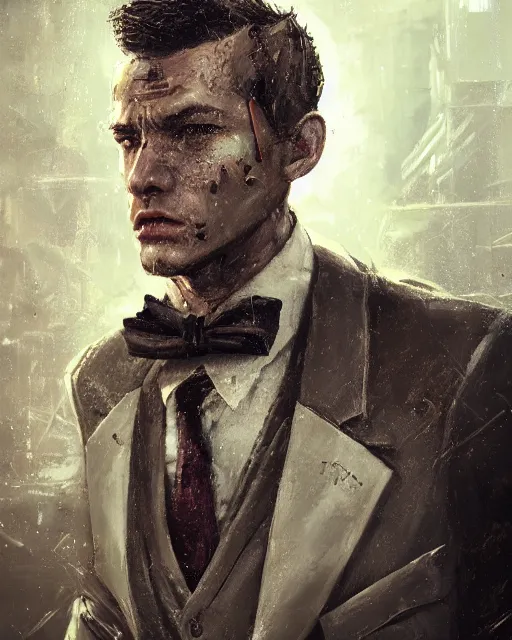 Image similar to a rugged young engineer man with cybernetic enhancements wearing a suit and bowtie, detailed face, scifi character portrait by greg rutkowski, esuthio, craig mullins, 1 / 4 headshot, cinematic lighting, dystopian scifi gear, gloomy, profile picture, mechanical, half robot, implants, steampunk